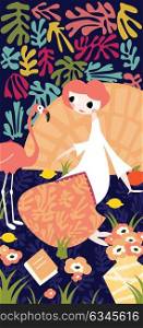 Girl with flamingo and Henri Matisse inspired decoration, vector illustration