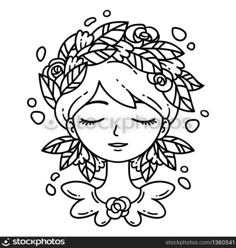 Girl with flower in hair. Vector illustration. Coloring page.