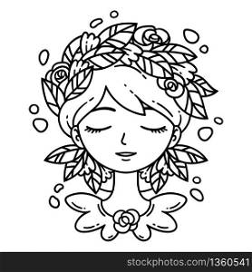 Girl with flower in hair. Vector illustration. Coloring page.