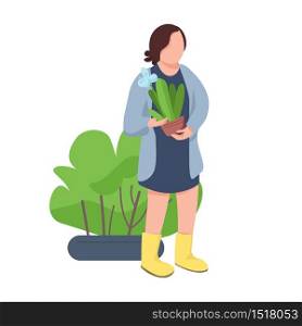 Girl with flowerpot, woman holding houseplant flat color vector faceless character. Gardening, plant growing, agriculture isolated cartoon illustration for web graphic design and animation