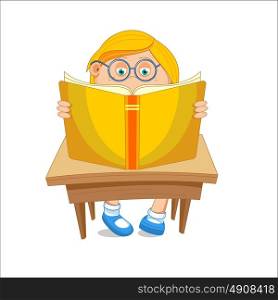 Girl with glasses, reading open book, sitting at the table, vector illustration