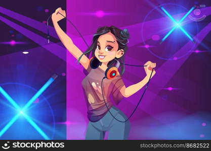 Girl with headphones on dance floor. Dj woman in modern clothes and trendy hairstyle move body in night club interior with glowing l&s. Young sexy disc jockey teenager, Cartoon vector illustration. Girl with headphones on dance floor. Dj woman