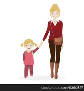 Girl with her mother walking to school