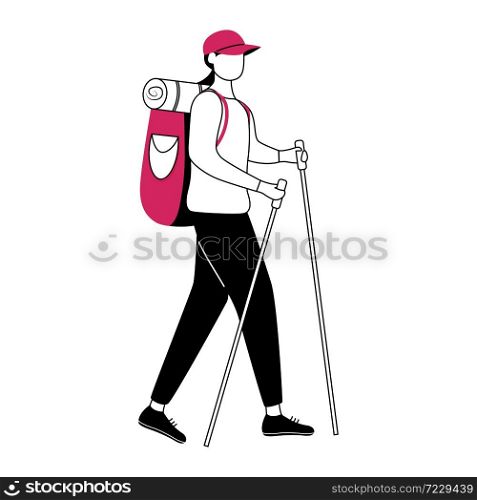 Girl with hiking sticks flat contour vector illustration. Cheap travelling ideas for students isolated cartoon outline character on white background. Camping in forest. Budget tourism simple drawing. Girl with hiking sticks flat contour vector illustration