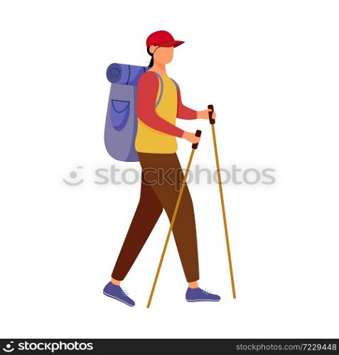 Girl with hiking sticks flat vector illustration. Camping activity. Cheap travelling choice. Active vacation. Budget tourism. Walking tour isolated cartoon character on white background. Girl with hiking sticks flat vector illustration