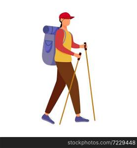 Girl with hiking sticks flat vector illustration. Camping activity. Cheap travelling choice. Active vacation. Budget tourism. Walking tour isolated cartoon character on white background. Girl with hiking sticks flat vector illustration
