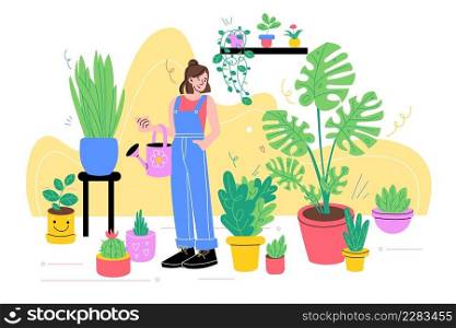 Girl with houseplants at home. Young happy woman in room caring potted plants, home gardening, interior jungle, cozy hobby. Palm, cute cactus and tropical monstera vector cartoon flat isolated concept. Girl with houseplants at home. Young happy woman in room caring potted plants, home gardening, interior jungle, cozy hobby. Palm, cute cactus and tropical monstera, vector concept