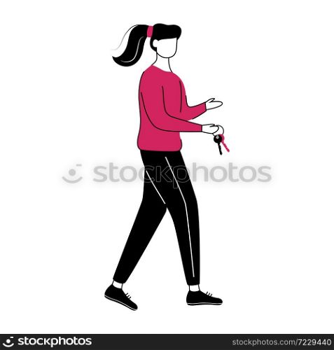 Girl with keys flat contour vector illustration. Couchsurfing lodging. Keys of flat isolated cartoon outline character on white background. Renting or letting apartment. Budget tourism simple drawing. Girl with keys flat contour vector illustration