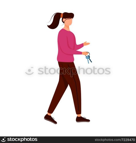 Girl with keys flat vector illustration. Couchsurfing lodging. Renting or letting apartment, house. Budget tourism. Keys of flat isolated cartoon outline character on white background. Girl with keys flat vector illustration
