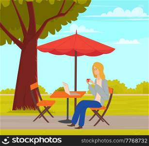 Girl with laptop is doing her tasks. Woman is working on computer freelance outdoors in city park. Female character relaxing in summer park over cityscape. Freelancer sitting at table under umbrella. Girl with laptop is doing her tasks. Woman is working on computer freelance outdoors in city park