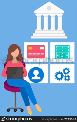 Girl with laptop makes financial transactions. Woman works in online banking and bank operations. Female character is transferring funds and working with money. Business program for payments. Girl with laptop makes financial transactions. Woman works in online banking and bank operations