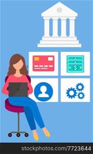 Girl with laptop makes financial transactions. Woman works in online banking and bank operations. Female character is transferring funds and working with money. Business program for payments. Girl with laptop makes financial transactions. Woman works in online banking and bank operations