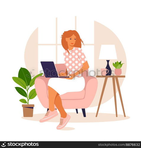 Girl with laptop on the chair. Freelance or studying concept. Cute illustration in flat style.. Freelance or studying concept. Girl with laptop on the chair. Cute illustration in flat style.