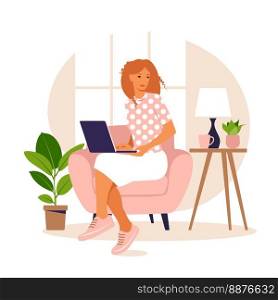 Girl with laptop on the chair. Freelance or studying concept. Cute illustration in flat style.. Freelance or studying concept. Girl with laptop on the chair. Cute illustration in flat style.