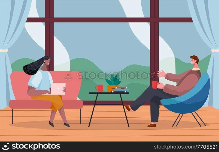 Girl with laptop sits in red arm chair, man in blue arm chair holds cup of coffee, books and potted plant on round coffee table. Panoramic window with curtains. Get-togethers at home or cafe. Girl and guy in chairs in a cafe or at home. round table with books and a flower. Cozy interior