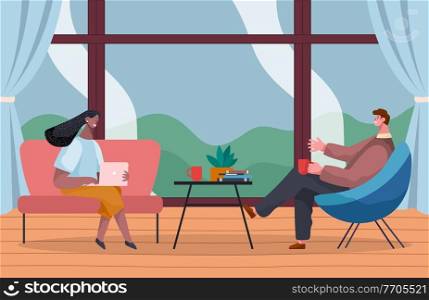 Girl with laptop sits in red arm chair, man in blue arm chair holds cup of coffee, books and potted plant on round coffee table. Panoramic window with curtains. Get-togethers at home or cafe. Girl and guy in chairs in a cafe or at home. round table with books and a flower. Cozy interior