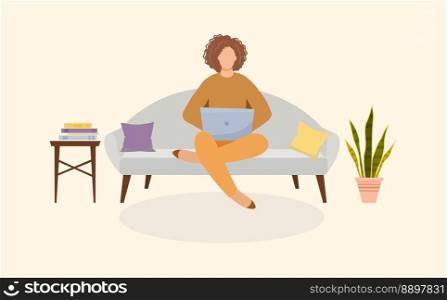 Girl with laptop sitting on the sofa. Freelance or studying concept. Vector illustration.