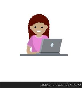 Girl with laptop. Work at computer. Smiling happy blond woman in pink t-shirt. Study and education. Cartoon flat illustration. Student at school. Girl with laptop. Work at computer.