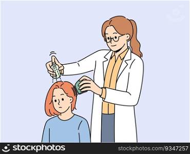 Girl with lice in hair at doctors appointment using spray and comb to treat and fight nits. Female doctor helps teenage patient get rid of lice that appeared due to violation of hygiene rules. Girl with lice in hair at doctors appointment using spray and comb to treat and fight nits