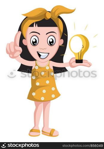 Girl with lighting bulb, illustration, vector on white background.