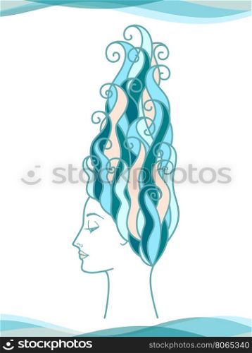 Girl with long blue hair. Vector illustration.