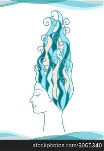 Girl with long blue hair. Vector illustration.