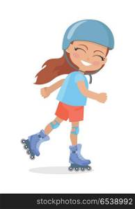 Girl with Long Brown Hair in Helmet Roller Skating. Girl with long brown hair in helmet roller skating. Nice female person in blue t-shirt with pink flush on face. Active way of life. Kindergarten concept. Cartoon style. Flat design. Vector illustration