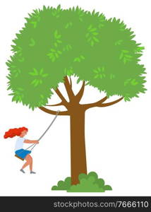 Girl with long curly red hair swinging on natural rope swing hanging from a tree branch isolated on white. Summer activity concept vector illustration. Girl on Rope Swing Hanging on Tree Branch Vector