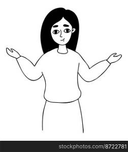 Girl with long hair and arms up at her sides. Vector illustration. Linear hand drawing doodle. Cute female character hand gesture choice and make decision