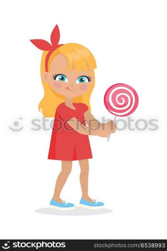 Girl with Long Hair and Red Bow on Head Suck Candy. Girl with long hair and red bow on head suck candy. Nice female person with blue eyes. Big lollipop. Cartoon style. Happy chilldhood concept. Kindergarten character. Flat design. Vector illustration