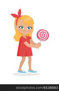 Girl with Long Hair and Red Bow on Head Suck Candy. Girl with long hair and red bow on head suck candy. Nice female person with blue eyes. Big lollipop. Cartoon style. Happy chilldhood concept. Kindergarten character. Flat design. Vector illustration
