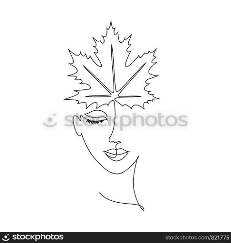Girl with maple leaf on white background.One line drawing style.Autumn concept.
