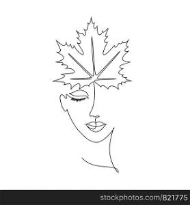 Girl with maple leaf on white background.One line drawing style.Autumn concept.
