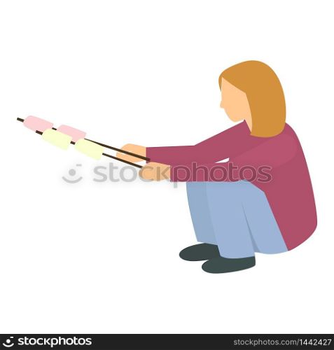 Girl with marshmallow sticks icon. Flat illustration of girl with marshmallow sticks vector icon for web design. Girl with marshmallow sticks icon, flat style