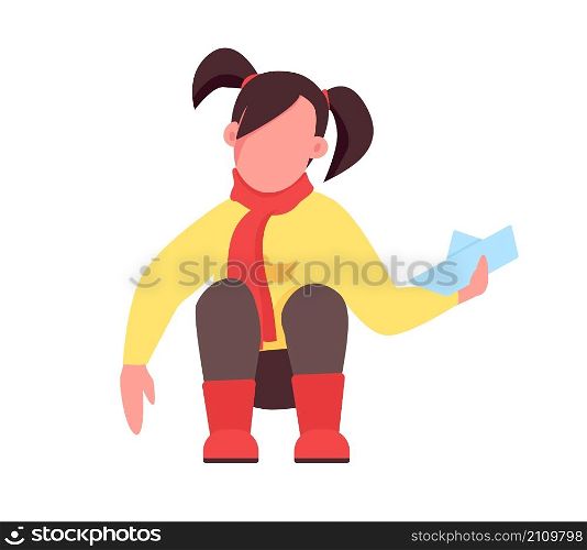 Girl with paper boat semi flat color vector character. Sitting figure. Full body person on white. Autumn activity isolated modern cartoon style illustration for graphic design and animation. Girl with paper boat semi flat color vector character