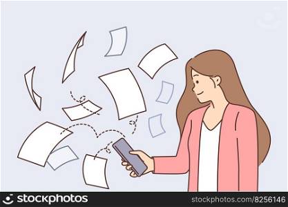 Girl with phone stands near flying papers symbolizing document management and digitization of paperwork. Businesswoman with smartphone is engaged in document management through mobile application. Girl with phone near flying papers symbolizing document management and digitization of paperwork