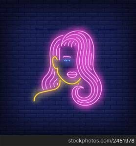 Girl with pink hair neon sign. Silhouette of woman for avatar on brick wall background. Vector illustration in neon style for banners, billboards, advertising