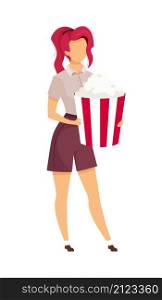Girl with popcorn bucket semi flat color vector character. Standing figure. Full body person on white. Movie night isolated modern cartoon style illustration for graphic design and animation. Girl with popcorn bucket semi flat color vector character