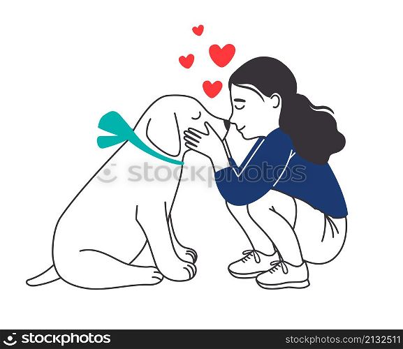 Girl with puppy. Pretty dog and little girl commumion, cute happy kid hugging pet, children love pets friendship lifestyle vector color illustration on white. Girl with puppy. Pretty dog and little girl commumion, cute happy kid hugging pet, children love pets friendship lifestyle vector illustration
