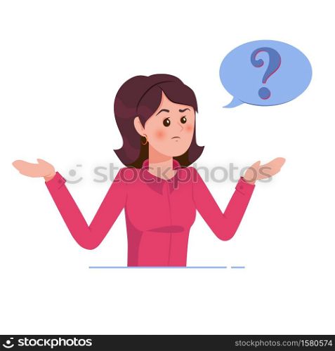 Girl with question mark in think bubble. Young troubled woman. People thinking or solving problem. Dilemma vector flat cartoon concept illustration isolated on white background.. Girl with question mark in think bubble. Young troubled woman. People thinking or solving problem. Dilemma vector flat cartoon concept illustration.