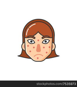 Girl with rash on face, skin problem caused by sickness isolated icon vector. Allergic reaction to natural products, allergy flat style, health care. Girl with Rash on Face, Skin Problem by Sickness