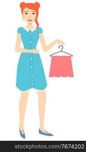 Girl with red hair in blue dress holding pink skirt on hanger isolated on white. Clothes shopping, fashionable apparel. Garage sale vector illustration. Girl Holding Pink Skirt on Hanger Vector Image