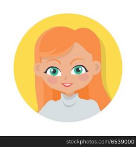 Girl with Red Long Hair. Simple Cartoon Style. Girl with long red hair and forelock avatar userpic. Portrait of nice female person with green eyes and flush. Grey turtleneck. Lady in circle. Cartoon style. Flat design. Vector illustration