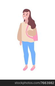 Girl with rucksack, female teenager in blue jeans and sweater isolated on white. Smiling college student or school pupil in flat cartoon style, vector character. Girl with Rucksack, Female Teenager in Blue Jeans