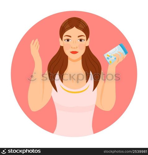 Girl with skin and hair supplements semi flat color vector character icon. Posing figure. Half body person on white. Simple cartoon style illustration for web graphic design and animation. Girl with skin and hair supplements semi flat color vector character icon