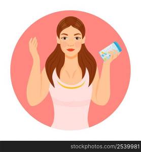 Girl with skin and hair supplements semi flat color vector character icon. Posing figure. Half body person on white. Simple cartoon style illustration for web graphic design and animation. Girl with skin and hair supplements semi flat color vector character icon