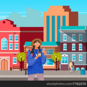 Girl with smartphone and coffee is walking. Female character using mobile device in city center. Young woman is chatting online. Person uses technology to communicate. Smiling lady looking at phone. Girl with smartphone and coffee is walking. Female character using mobile device in city center