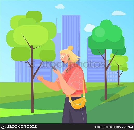 Girl with smartphone is recording voice message. Modern means of communication. Female character using mobile device in city park. Young woman is chatting online. Person uses technology to communicate. Woman with smartphone is recording voice message. Female character using mobile device in city park