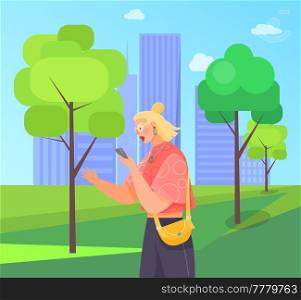 Girl with smartphone is recording voice message. Modern means of communication. Female character using mobile device in city park. Young woman is chatting online. Person uses technology to communicate. Woman with smartphone is recording voice message. Female character using mobile device in city park