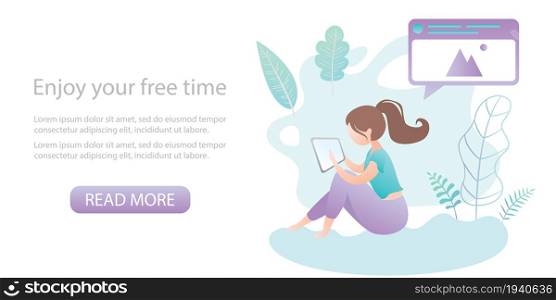 Girl with tablet pc in hand sitting in nature, park or beach on background,banner template with place for text,vector illustration in trendy style